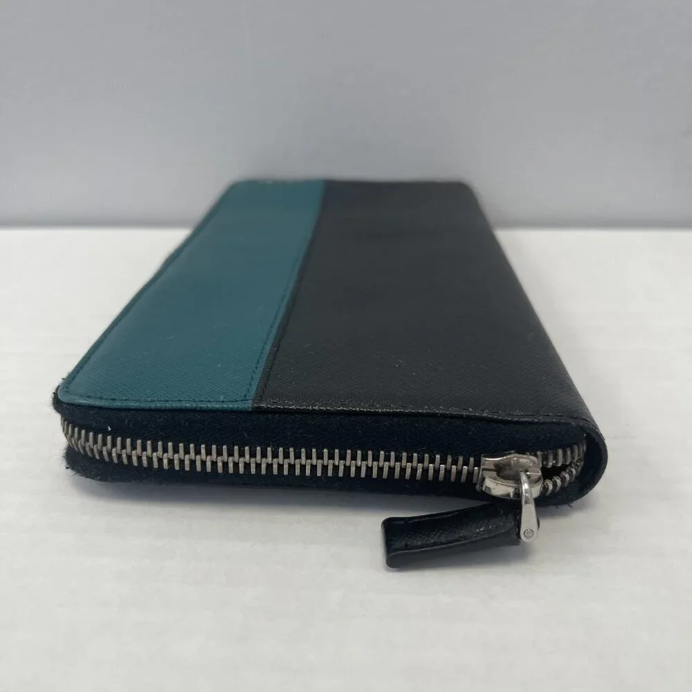 Prada Saffiano Leather Organizer Zippy Wallet in Black and Turquoise - Preowned